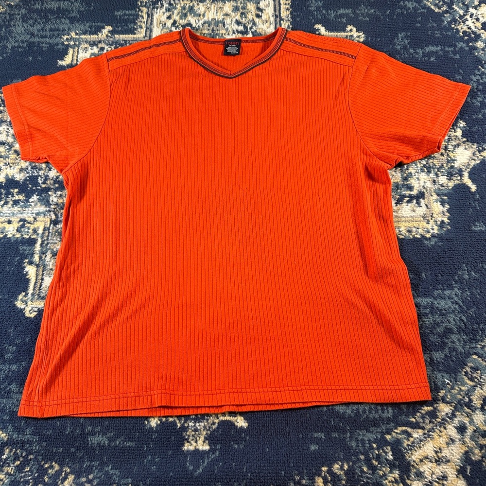 Tommy Jeans Mens XL Orange Ribbed Knit V-Neck Short Sleeve‎ T-Shirt Cotton 52504
